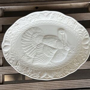 LARGE WHITE OVAL ceramic turkey PLATTER  WITH RAISED EMBOSSED FRUIT pattern